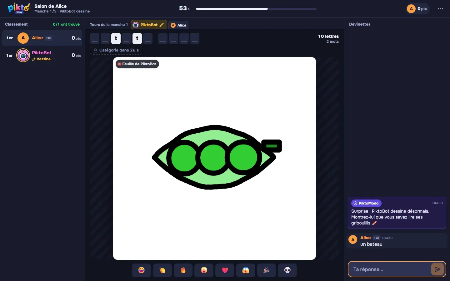 PiktoBot dessine, à moi de deviner. Ici, des petits pois.